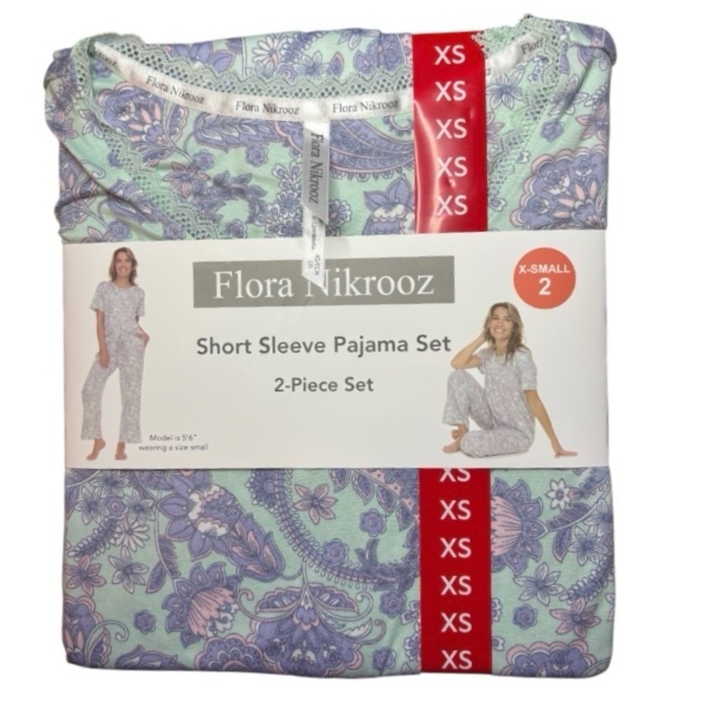 Flora Nikrooz Women Mint Green/Purple Short Sleeve Pajama Set with Pockets 😍